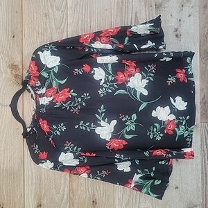 Old Navy Black and Floral Top with Elbow Ruffle Sleeves Size Small